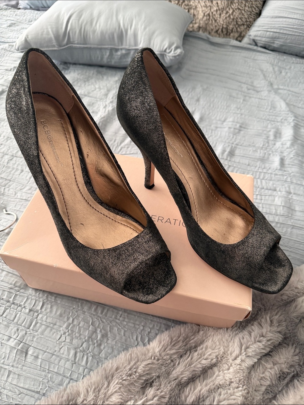 BCBGeneration Black Glitter Peep-Toe Stiletto Heels